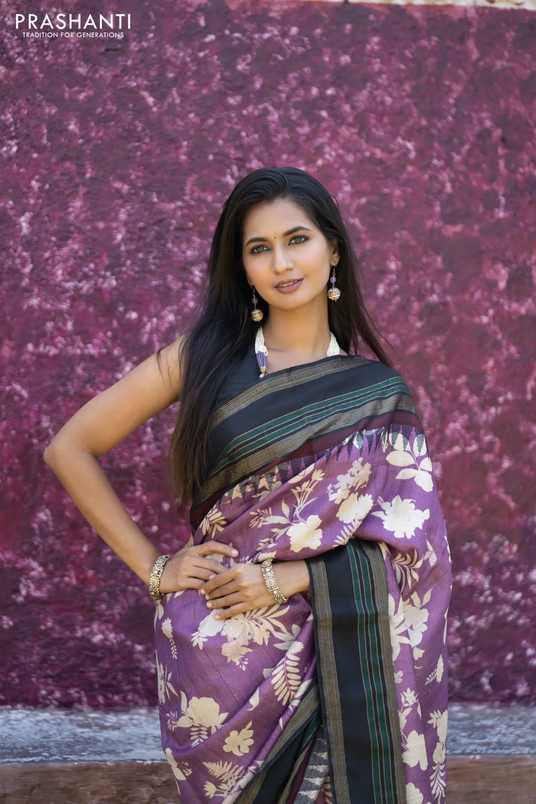 Pure tussar silk saree purple and black with allover floral digital prints and temple deisgn zari woven vidarbha border
