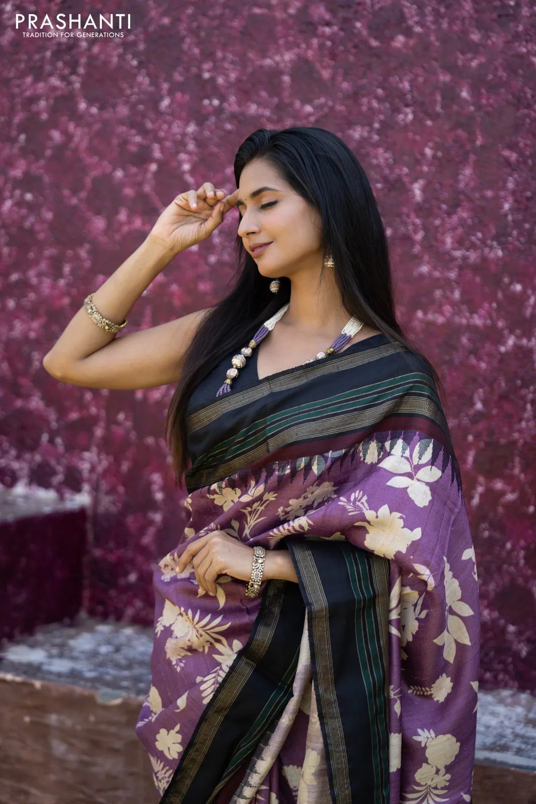 Pure tussar silk saree purple and black with allover floral digital prints and temple deisgn zari woven vidarbha border