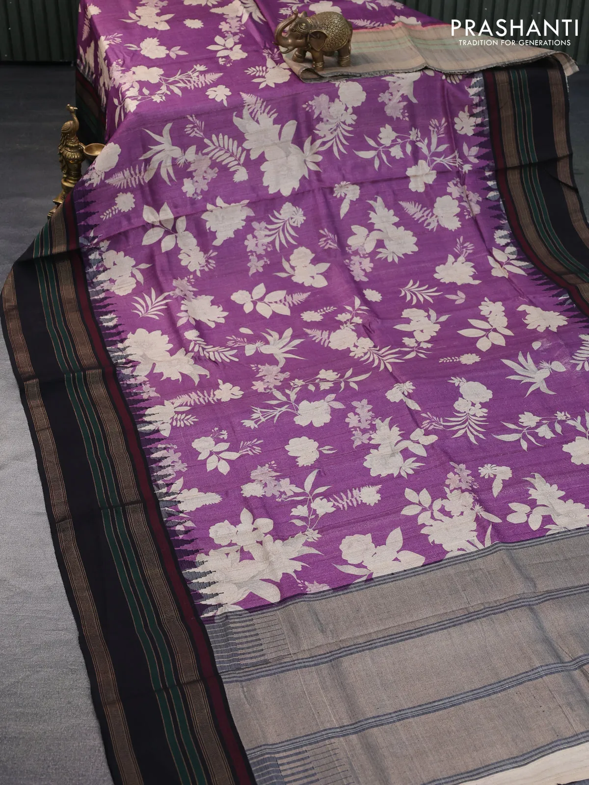 Pure tussar silk saree purple and black with allover floral digital prints and temple deisgn zari woven vidarbha border