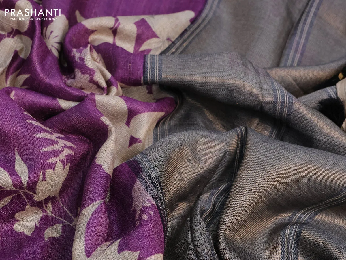 Pure tussar silk saree purple and black with allover floral digital prints and temple deisgn zari woven vidarbha border