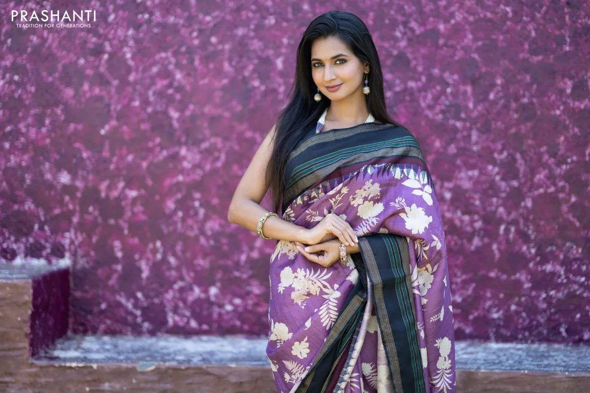 Pure tussar silk saree purple and black with allover floral digital prints and temple deisgn zari woven vidarbha border