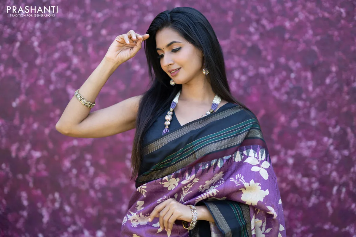 Pure tussar silk saree purple and black with allover floral digital prints and temple deisgn zari woven vidarbha border
