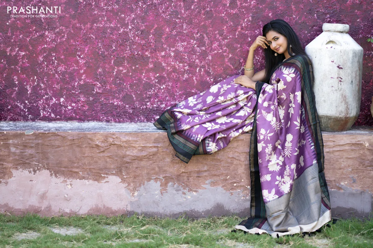Pure tussar silk saree purple and black with allover floral digital prints and temple deisgn zari woven vidarbha border