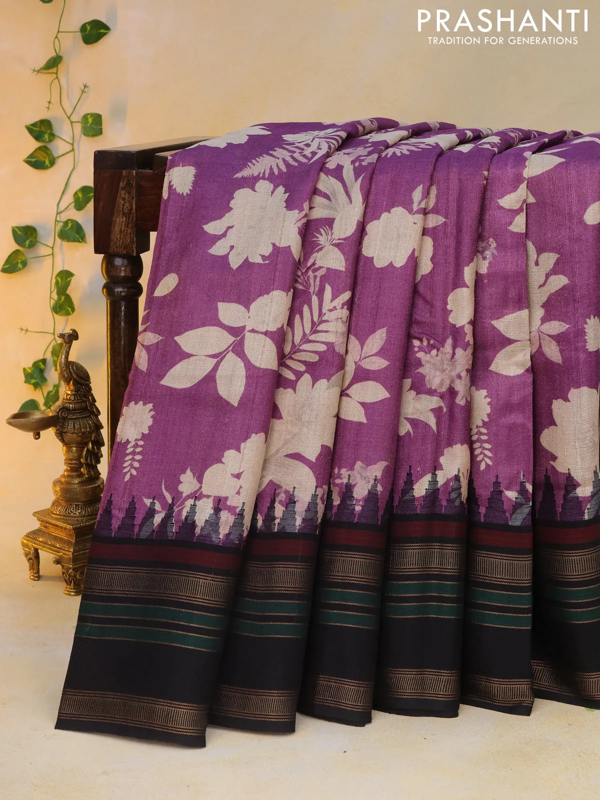 Pure tussar silk saree purple and black with allover floral digital prints and temple deisgn zari woven vidarbha border