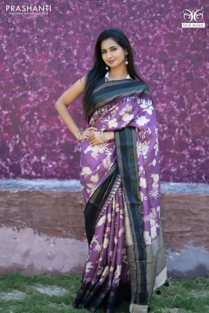 Pure tussar silk saree purple and black with allover floral digital prints and temple deisgn zari woven vidarbha border