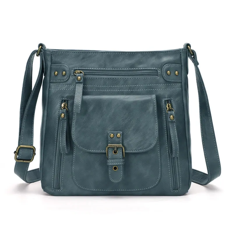 Retro Soft Washed Leather Multi Pocket Crossbody Bags for Women Lady