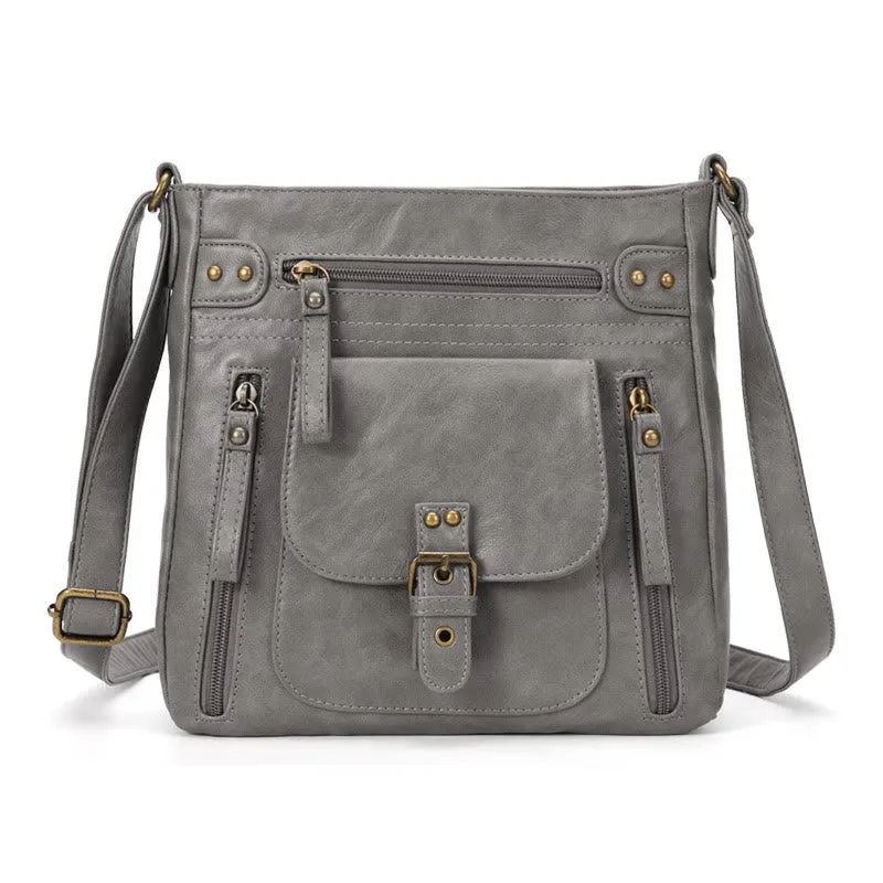 Retro Soft Washed Leather Multi Pocket Crossbody Bags for Women Lady