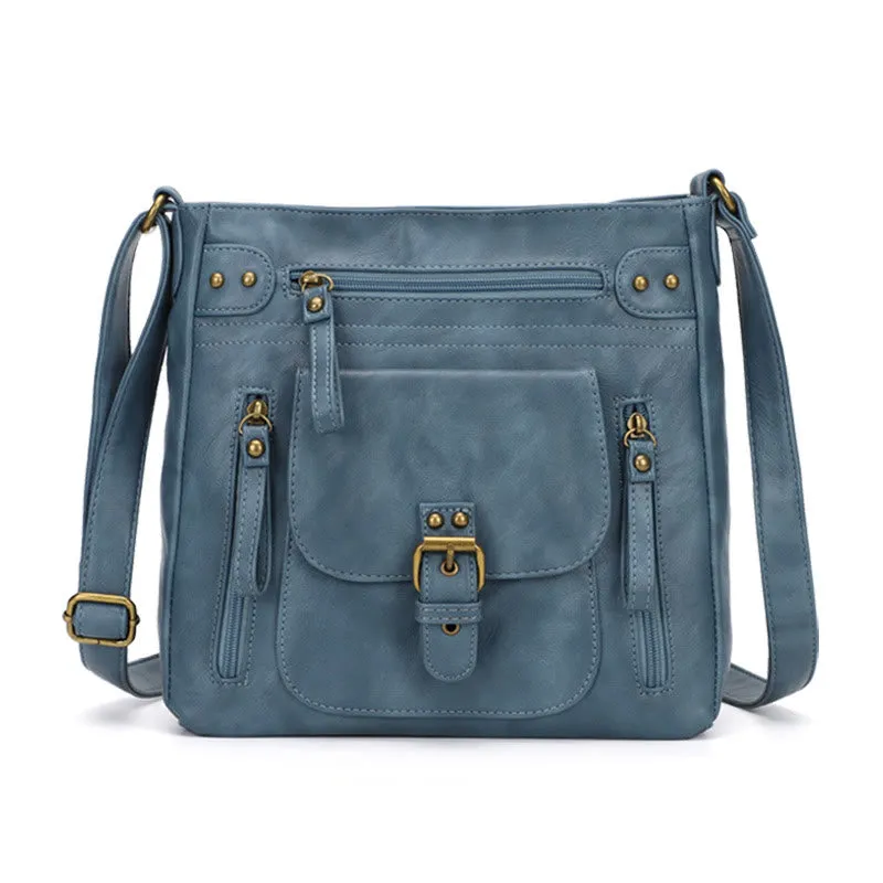 Retro Soft Washed Leather Multi Pocket Crossbody Bags for Women Lady