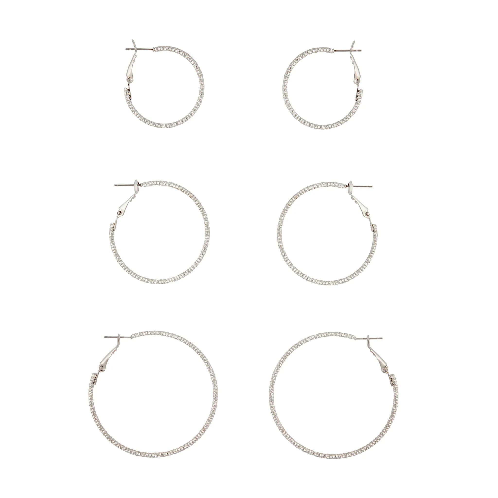 Rhodium Triple Diamond Cut Hoop Earring Pack