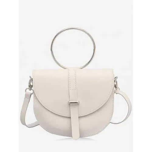 Semi Circle Round Ring Flap Crossbody Bag - Beige