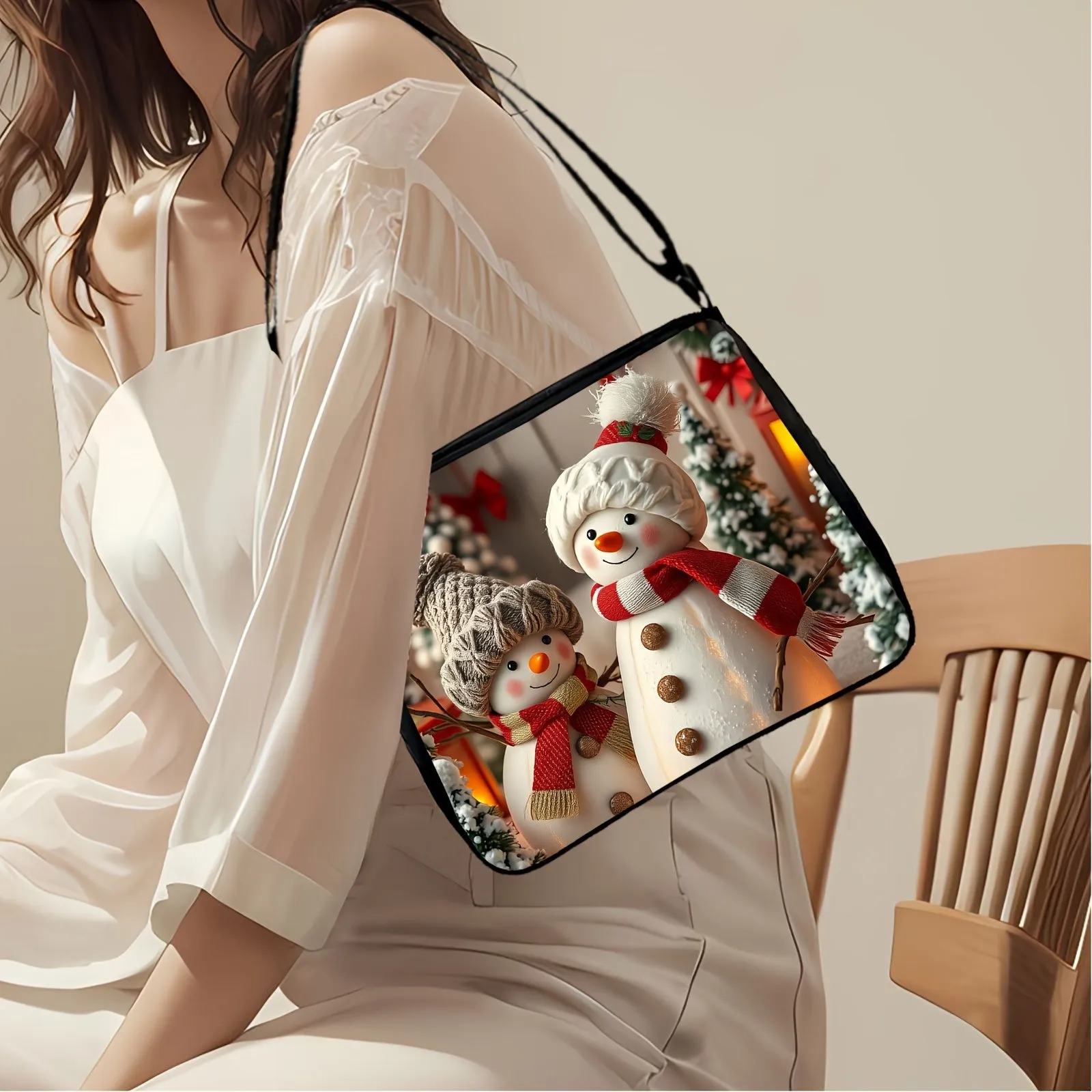 Snowman Pattern Single Shoulder Bag, Fabric Crossbody Bag with Inner Pocket Single Shoulder Bag, Versatile Small Square Bag Wallet Mobile Phone Bag, Suitable for Girls, Teenagers, Female Workers, Sling Bag, Best Choice for Holiday Gifts