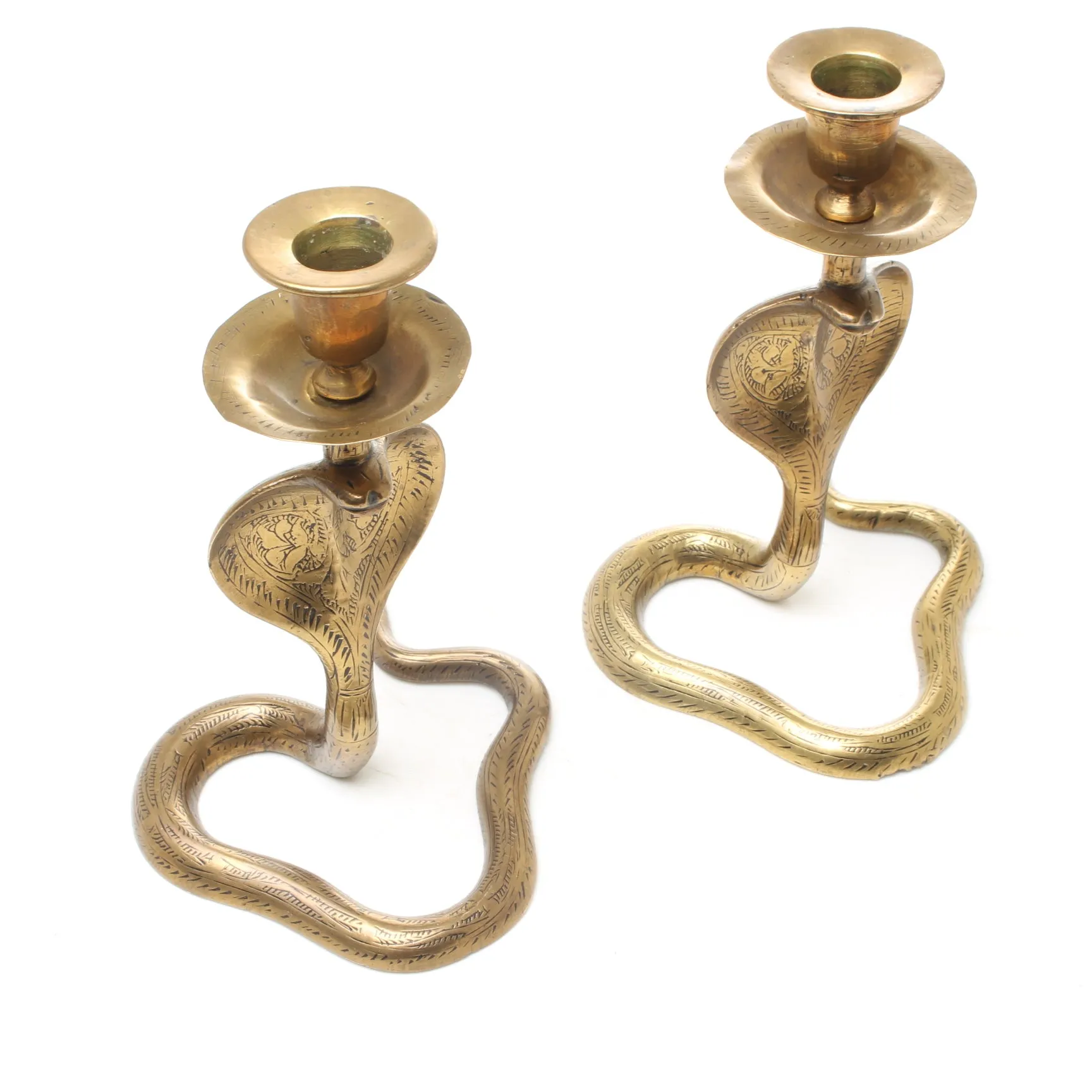 SOLD - 2x Old Brass Cobra Candle-Stick Holders