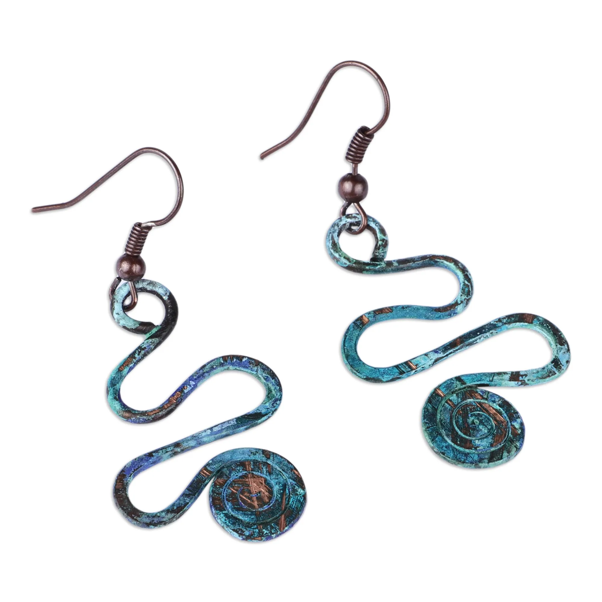 Spiral-Themed Copper Dangle Earrings with Oxidized Finish - Whirlwind Splendor | NOVICA