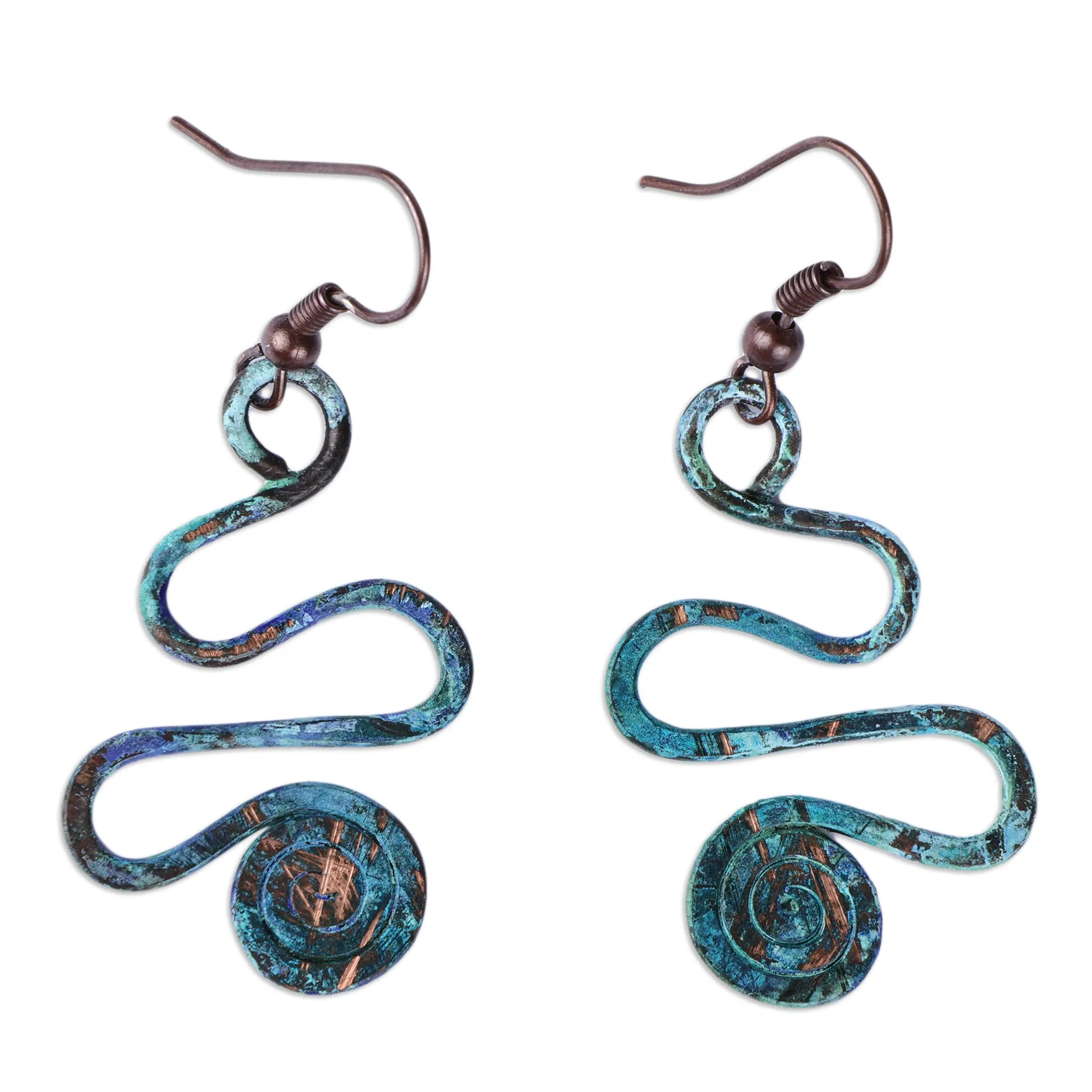 Spiral-Themed Copper Dangle Earrings with Oxidized Finish - Whirlwind Splendor | NOVICA