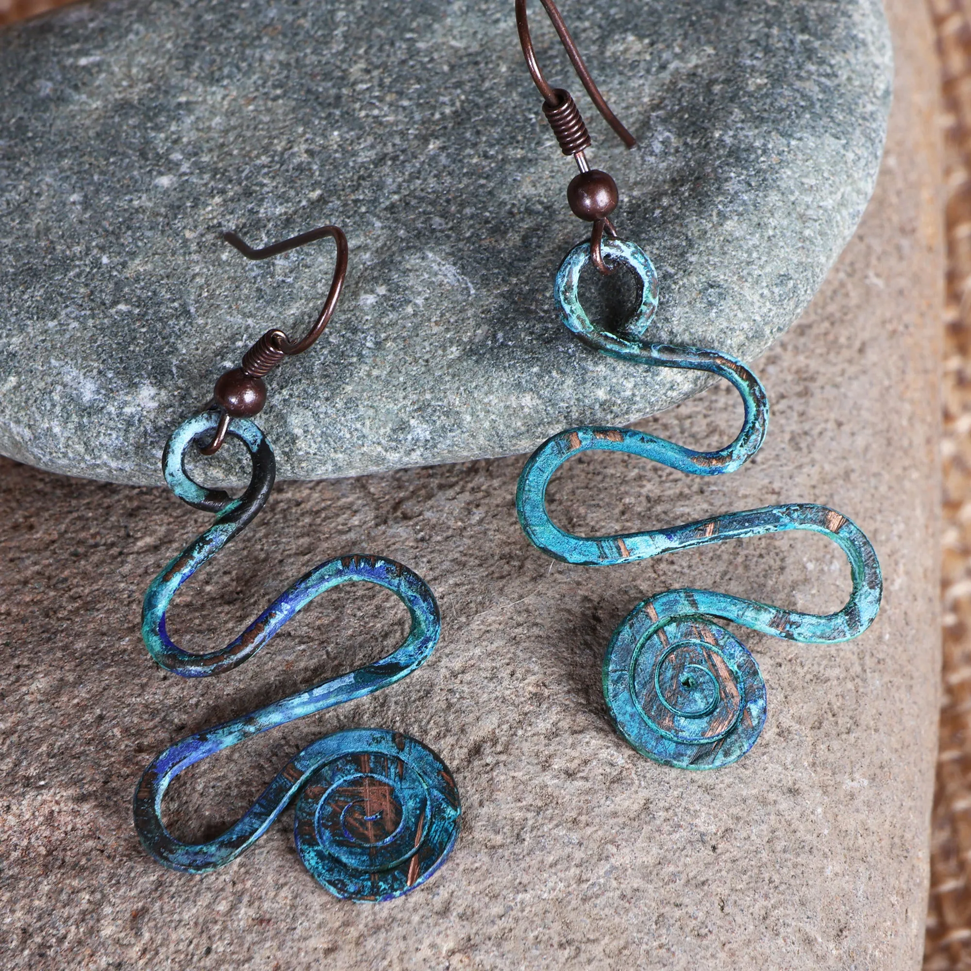 Spiral-Themed Copper Dangle Earrings with Oxidized Finish - Whirlwind Splendor | NOVICA