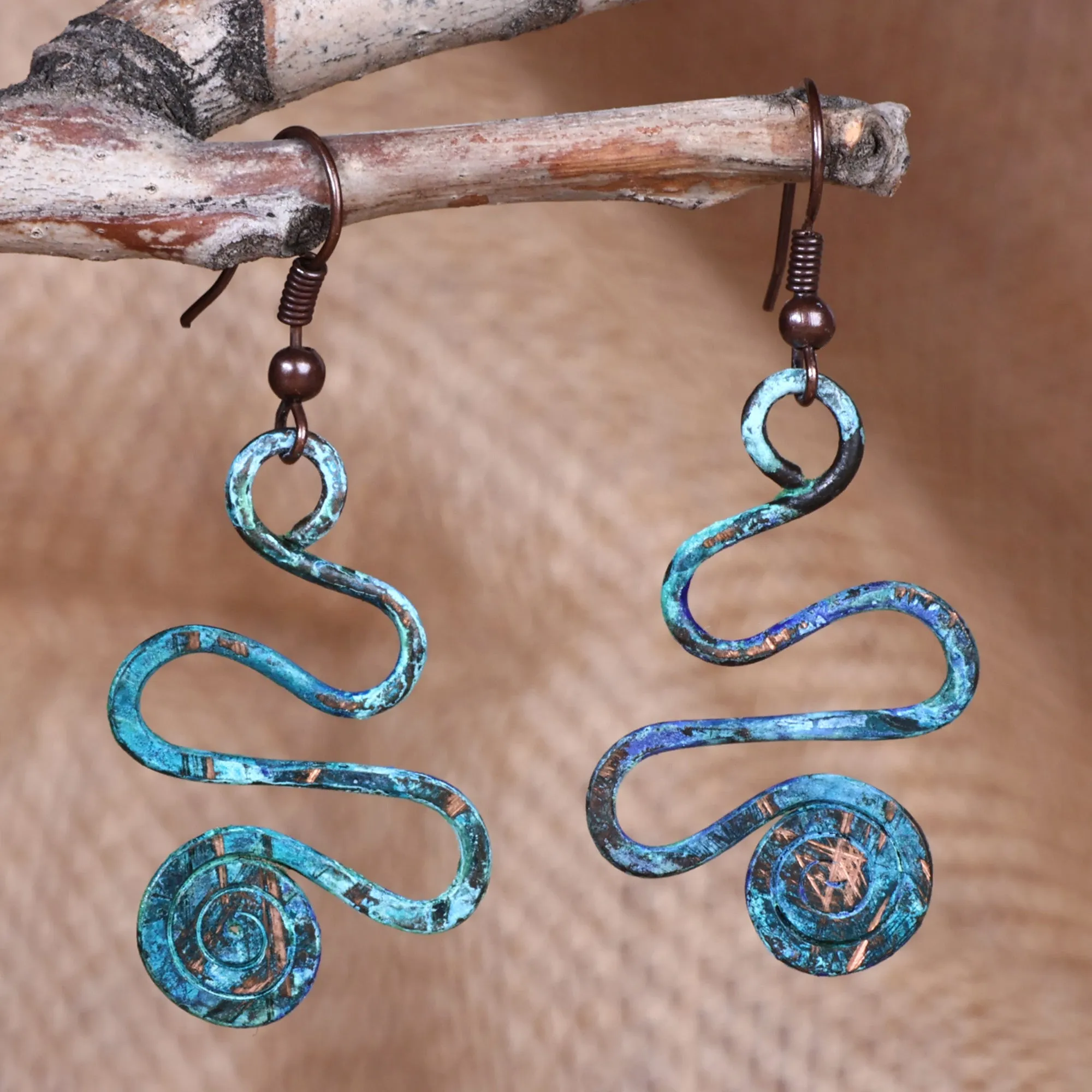Spiral-Themed Copper Dangle Earrings with Oxidized Finish - Whirlwind Splendor | NOVICA