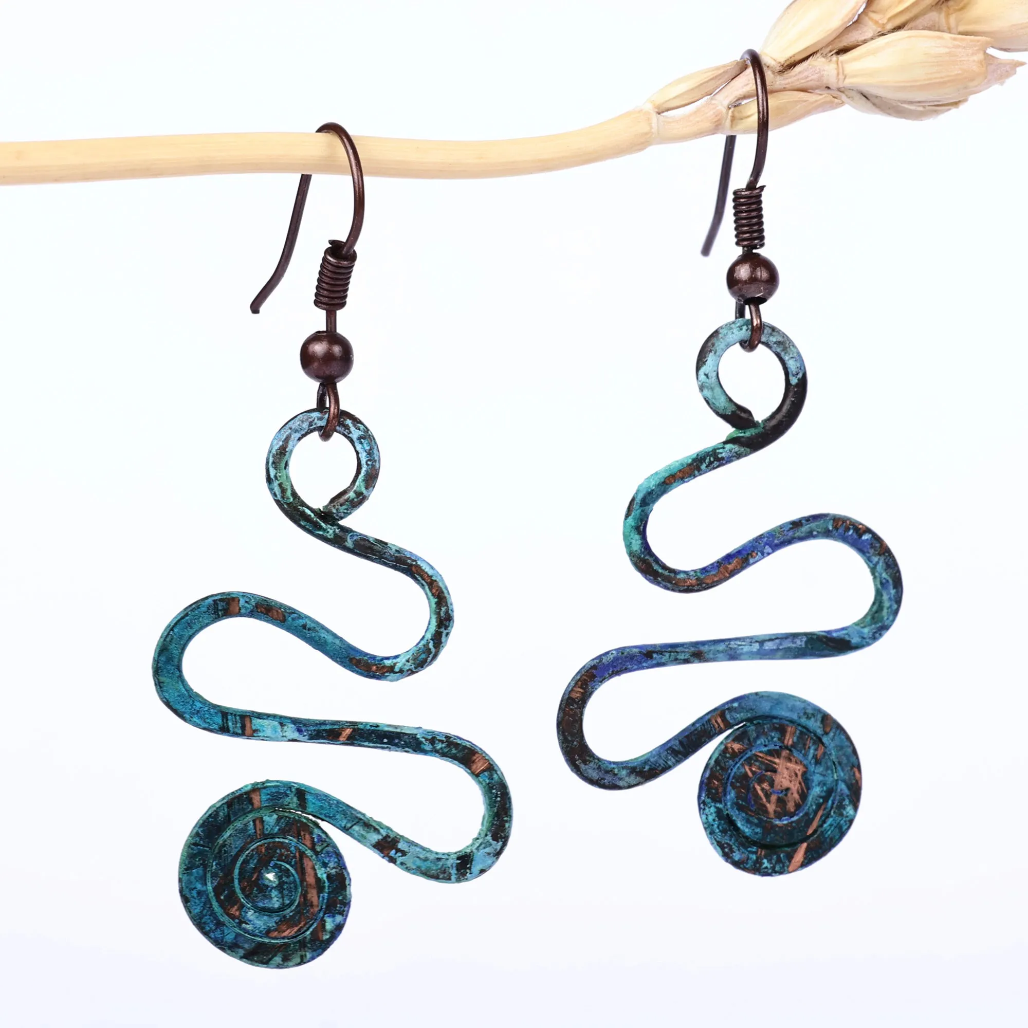 Spiral-Themed Copper Dangle Earrings with Oxidized Finish - Whirlwind Splendor | NOVICA