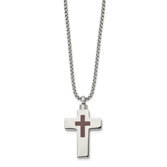 Stainless Steel Polished and Lasered Cross Ash Holder Necklace
