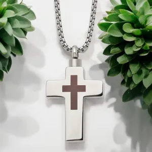 Stainless Steel Polished and Lasered Cross Ash Holder Necklace