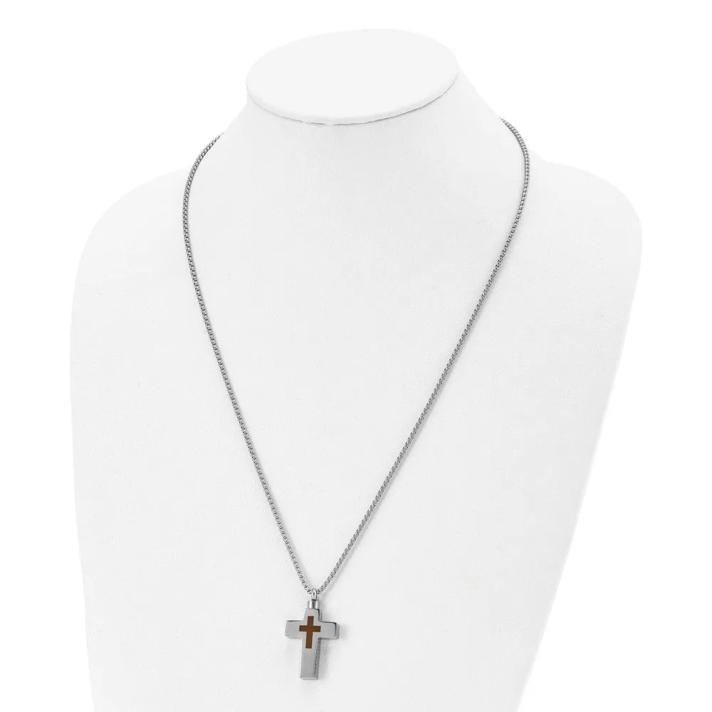 Stainless Steel Polished and Lasered Cross Ash Holder Necklace