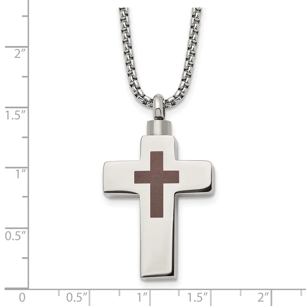 Stainless Steel Polished and Lasered Cross Ash Holder Necklace