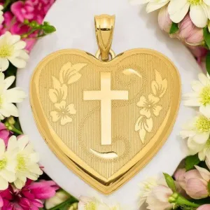 Sterling Silver Gold-tone Floral Cross Ash Holder Heart Locket - Memorial Keepsake Jewelry
