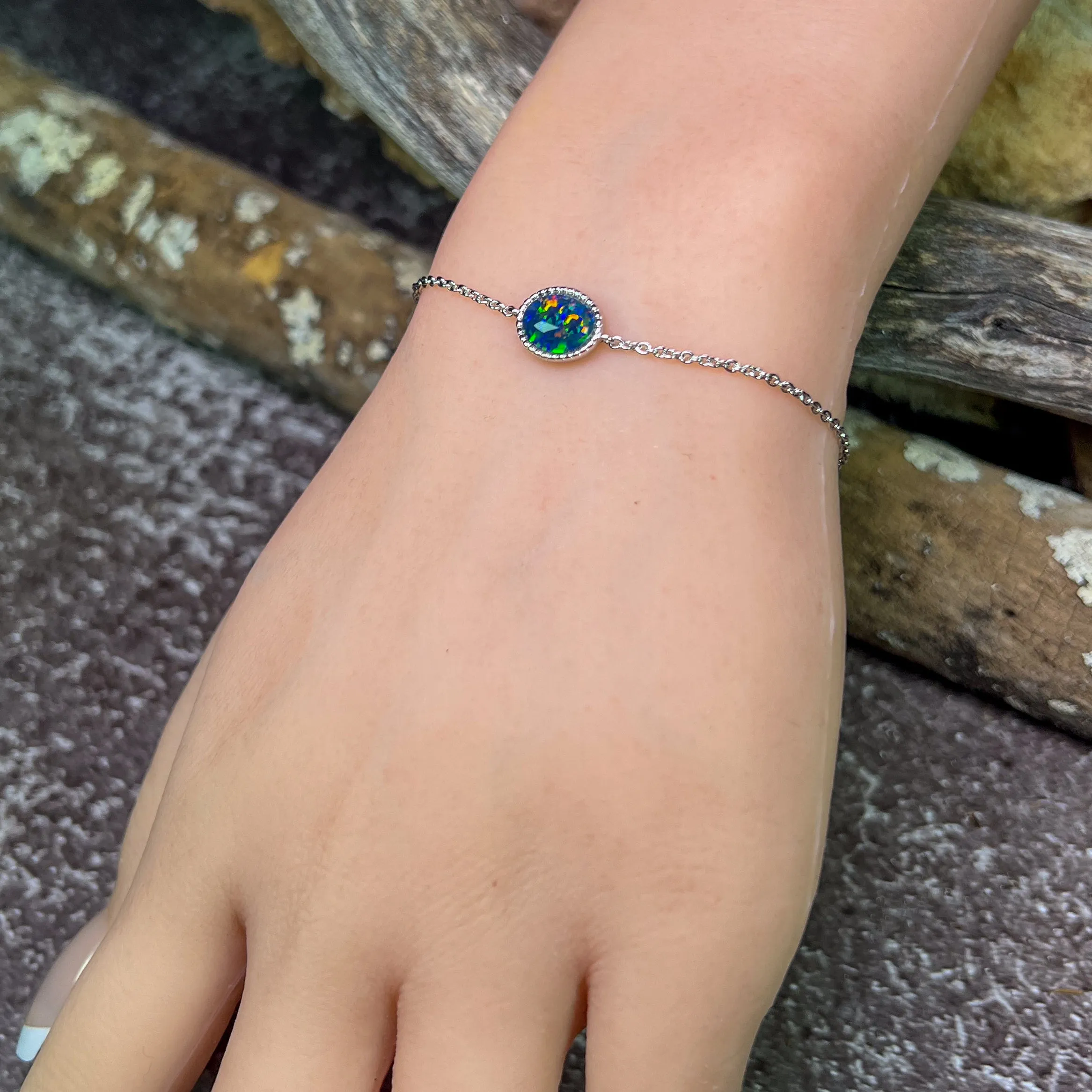Sterling Silver Oval Opal triplet solitaire bracelet