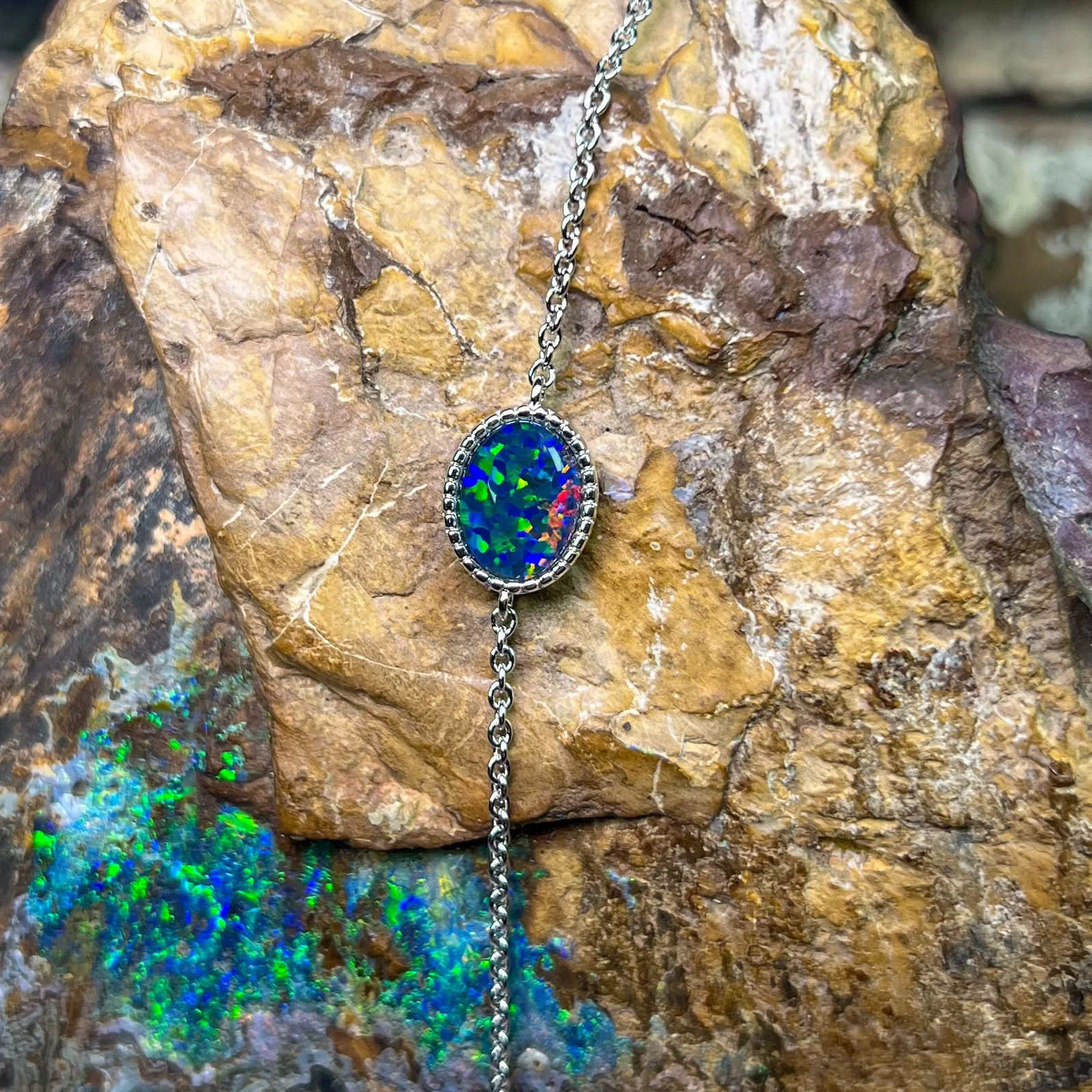 Sterling Silver Oval Opal triplet solitaire bracelet