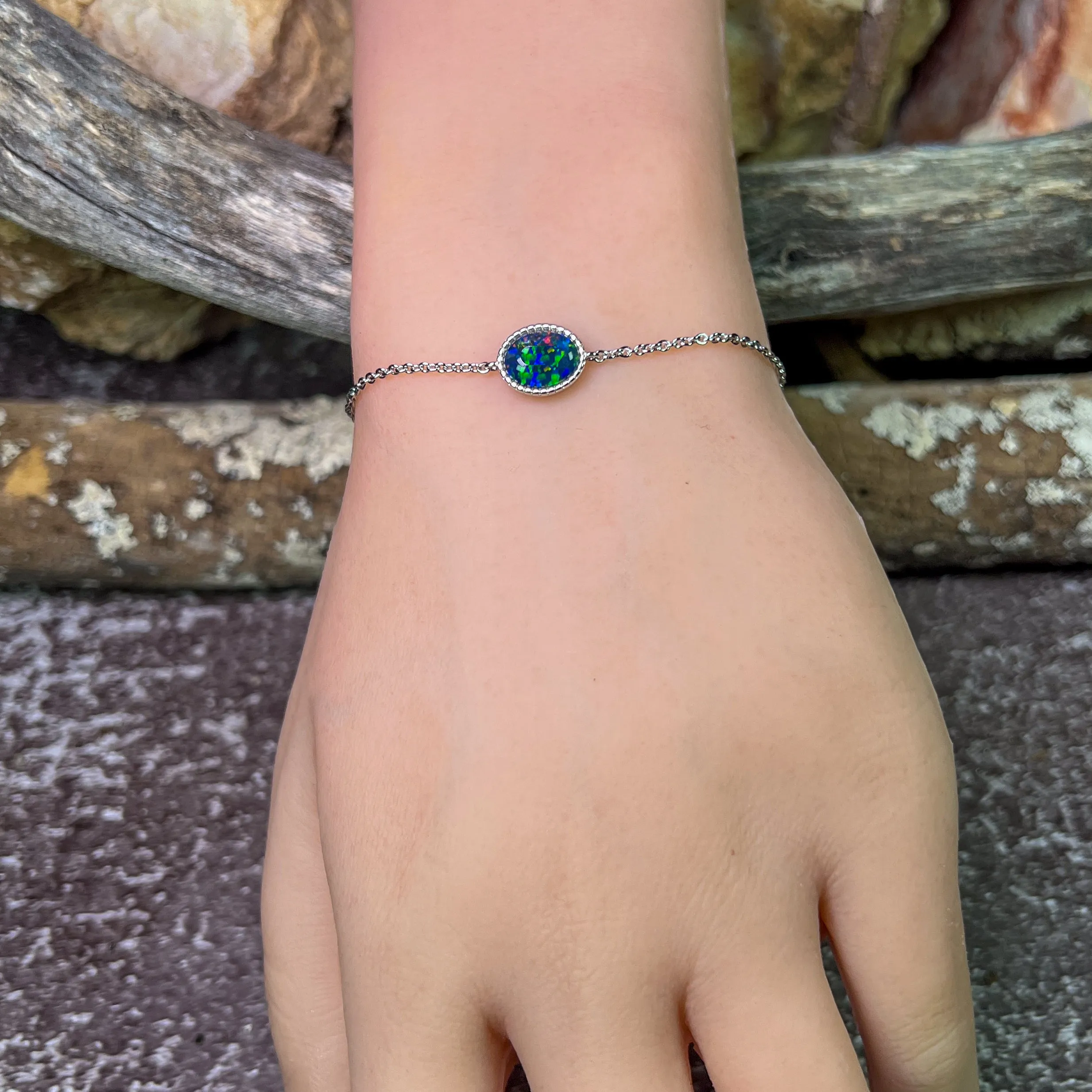 Sterling Silver Oval Opal triplet solitaire bracelet