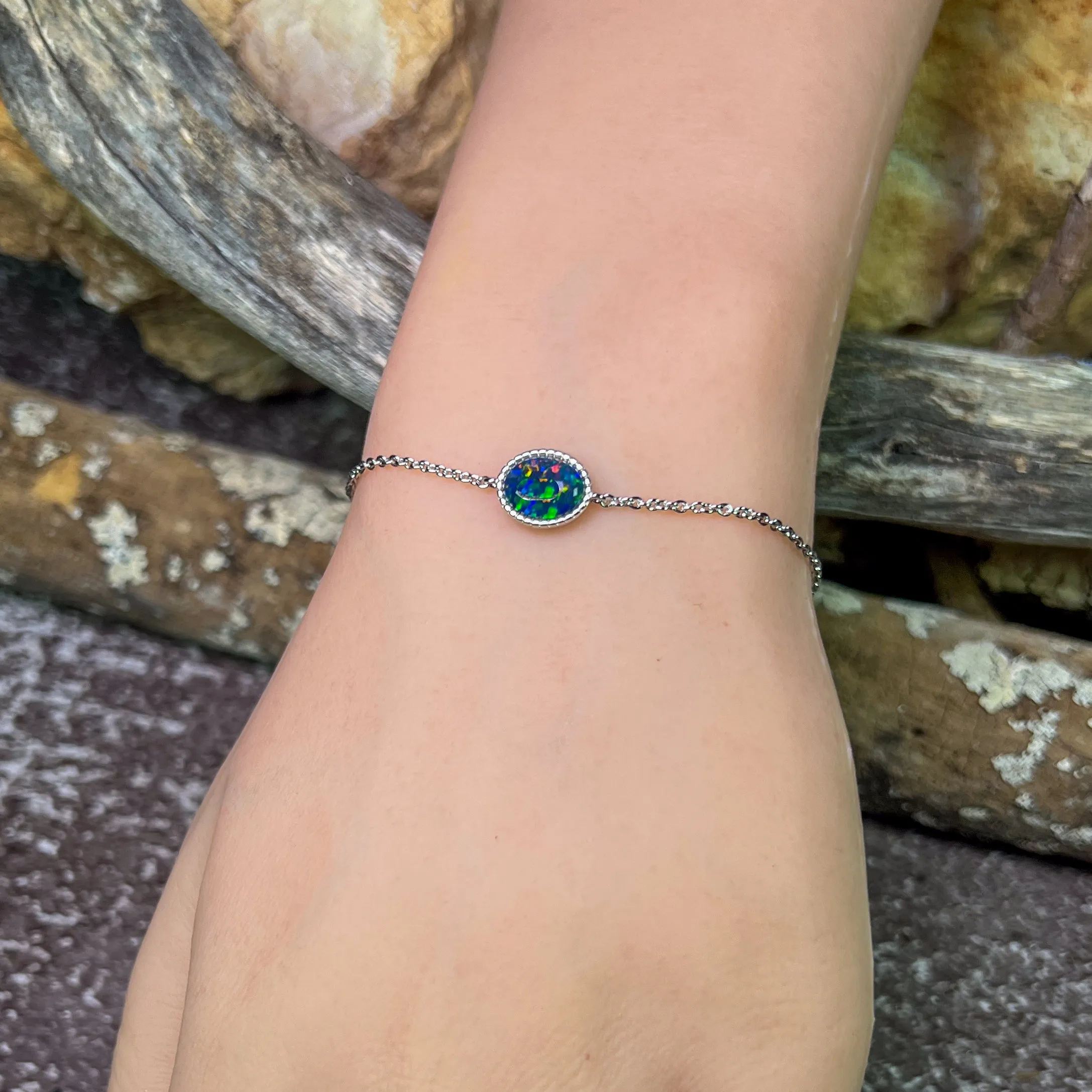 Sterling Silver Oval Opal triplet solitaire bracelet