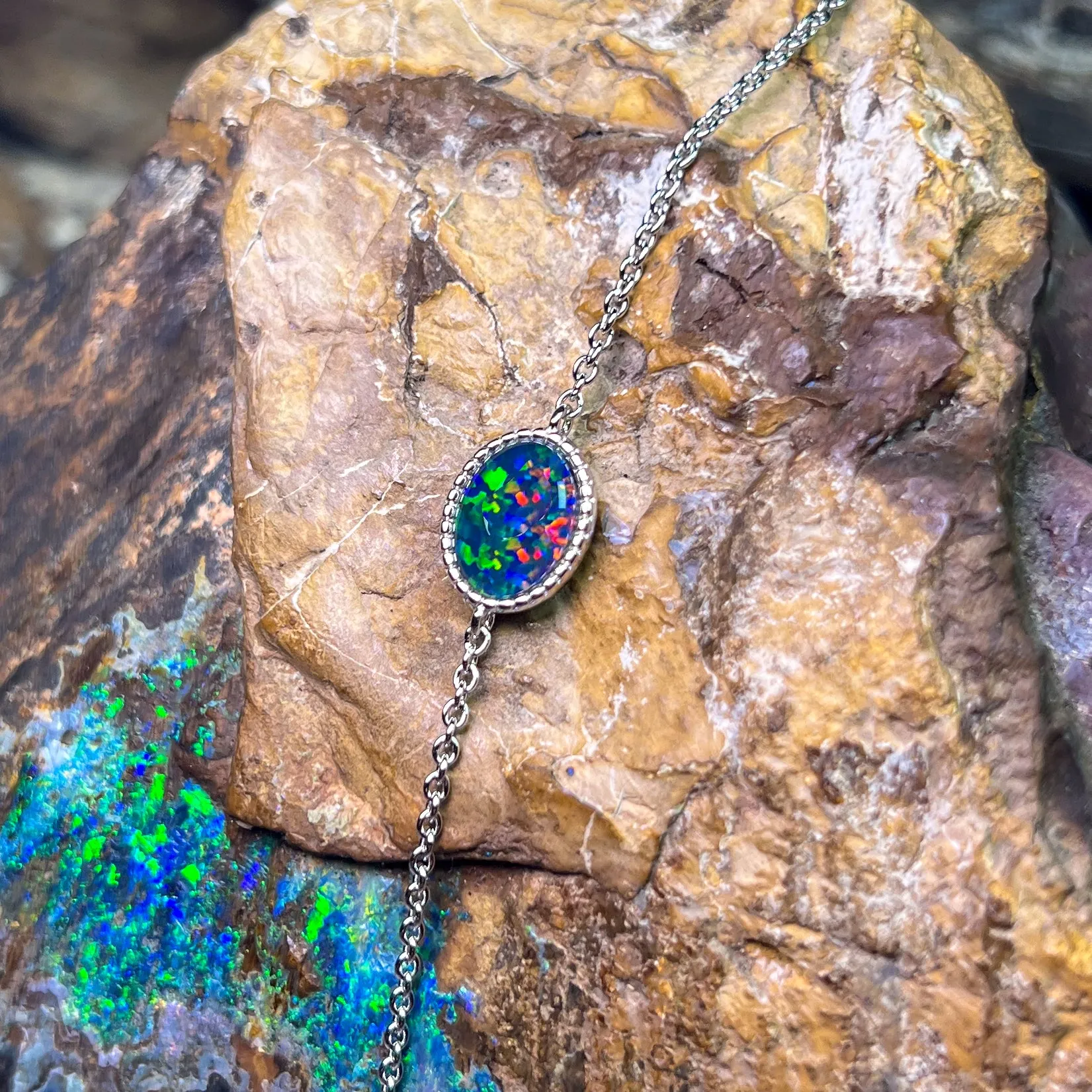 Sterling Silver Oval Opal triplet solitaire bracelet