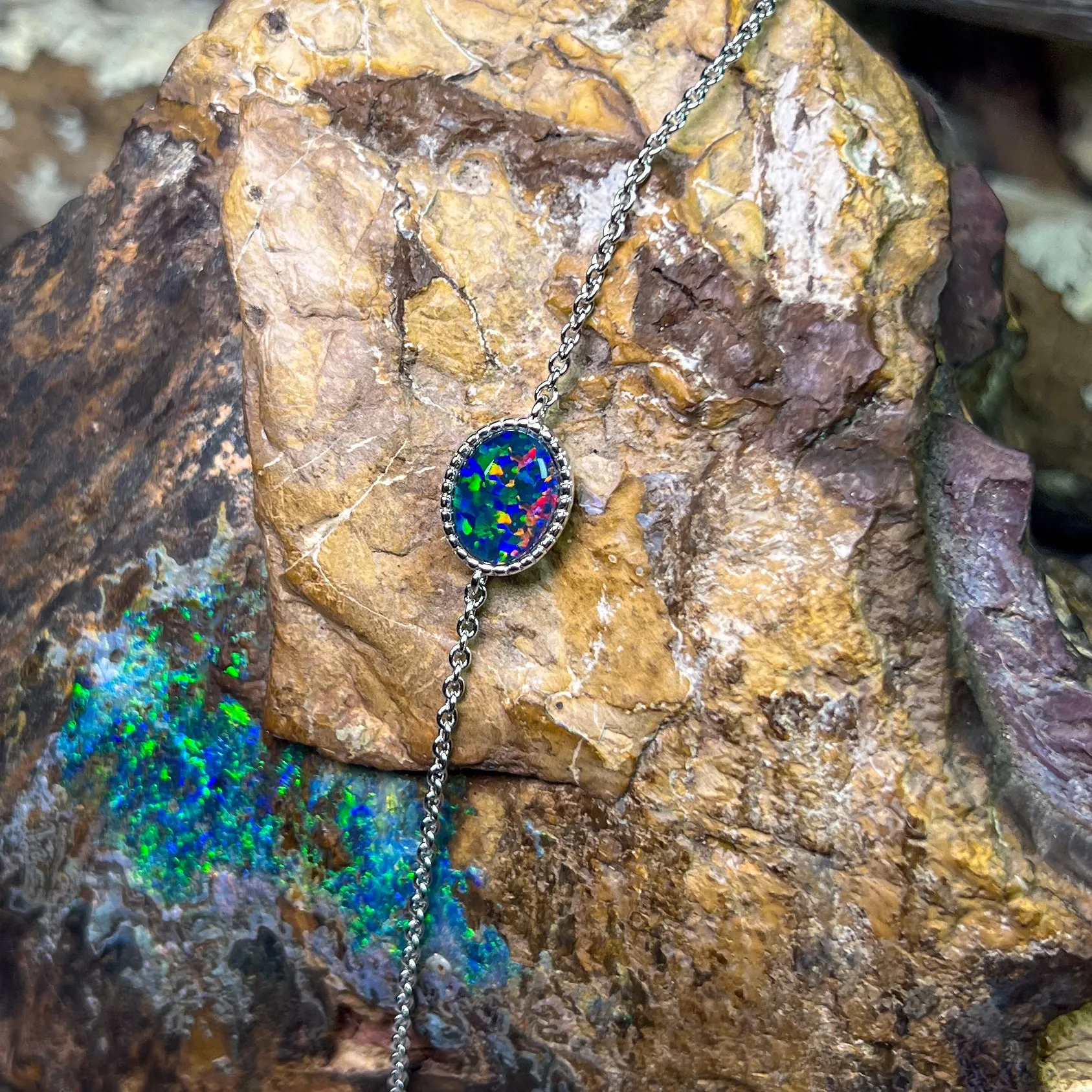 Sterling Silver Oval Opal triplet solitaire bracelet