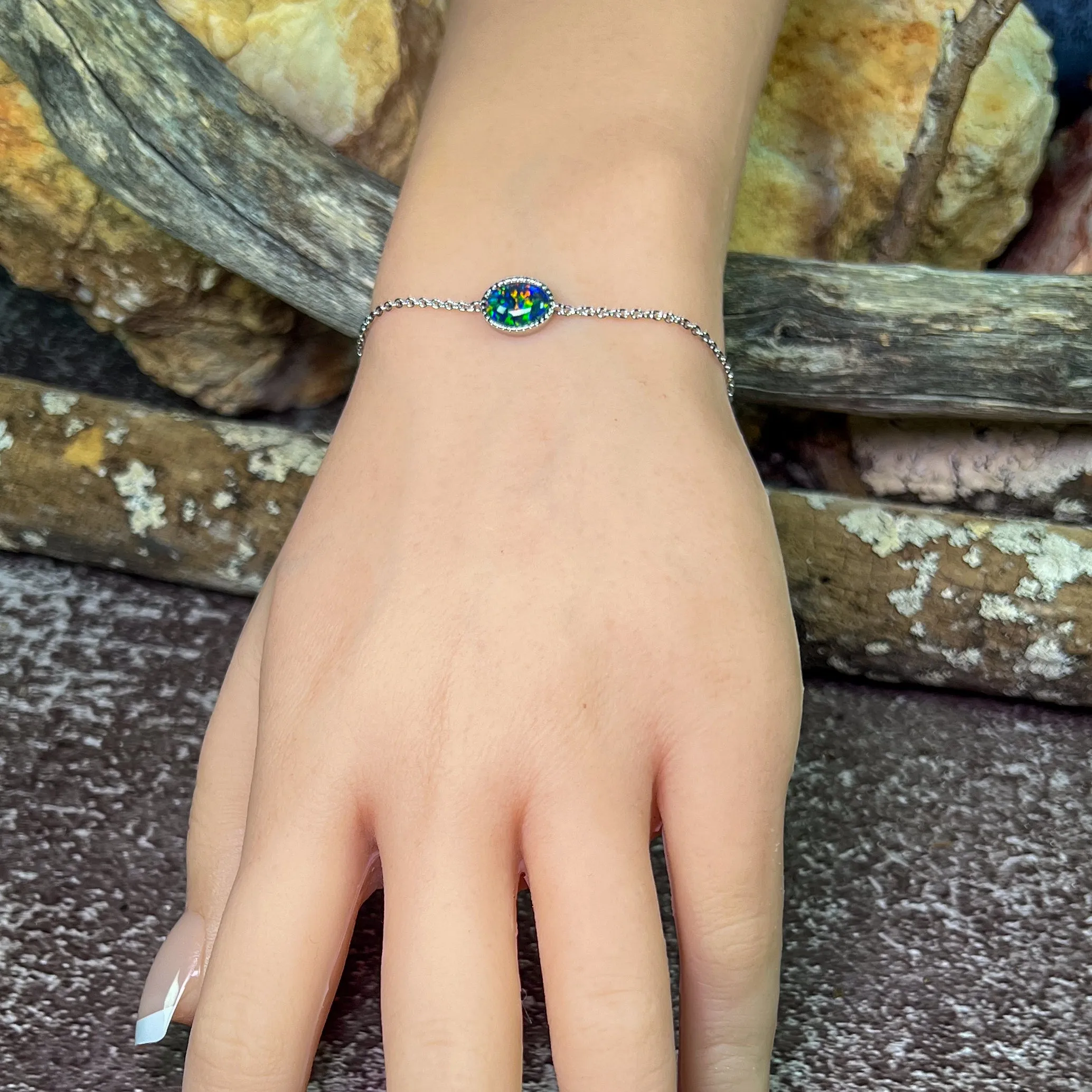 Sterling Silver Oval Opal triplet solitaire bracelet