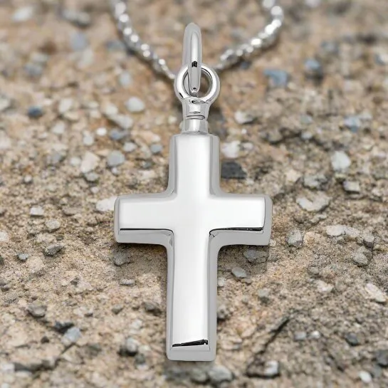 Sterling Silver Polished Cross Ash Holder Pendant - Memorial Keepsake Jewelry