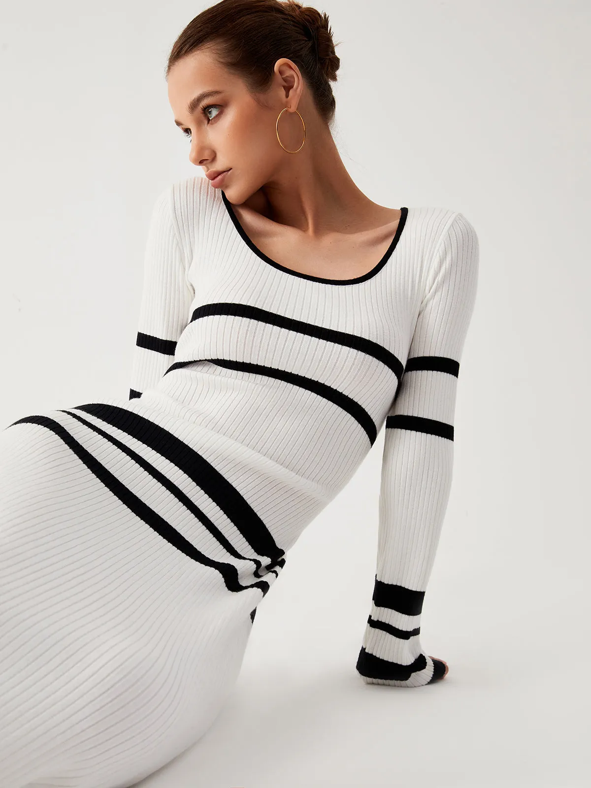 Stripe Long Graceful Sleeve Sweater Dress