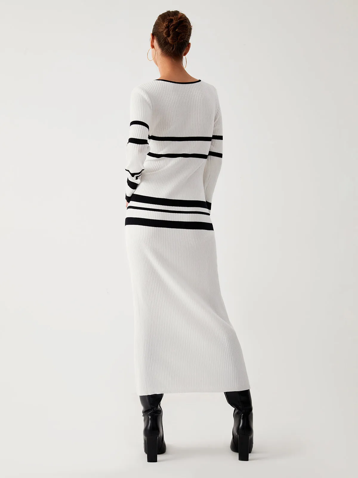 Stripe Long Graceful Sleeve Sweater Dress