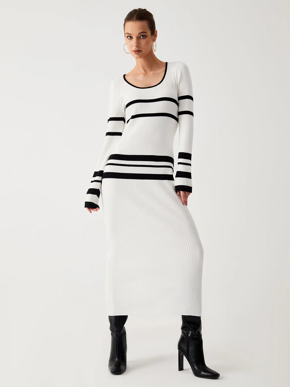 Stripe Long Graceful Sleeve Sweater Dress
