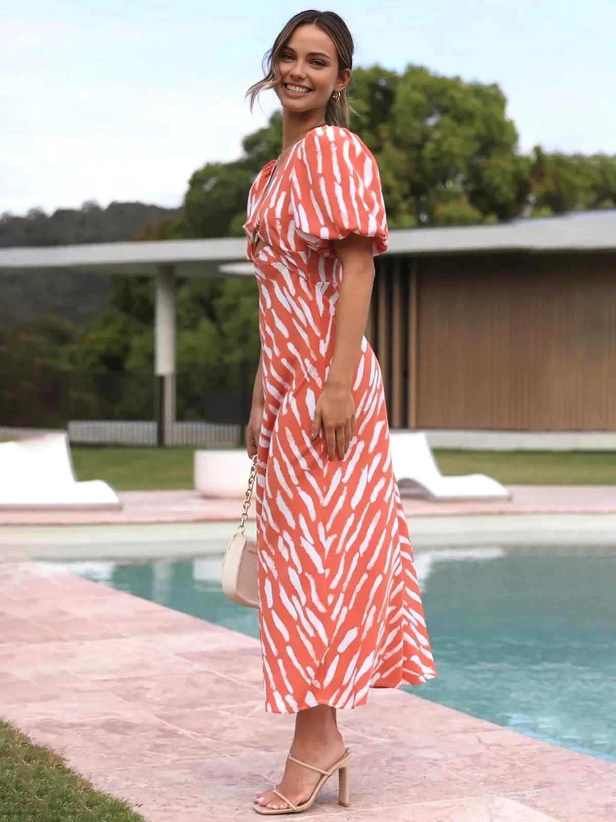 Stripe Pattern Graceful Cutout Long Dress