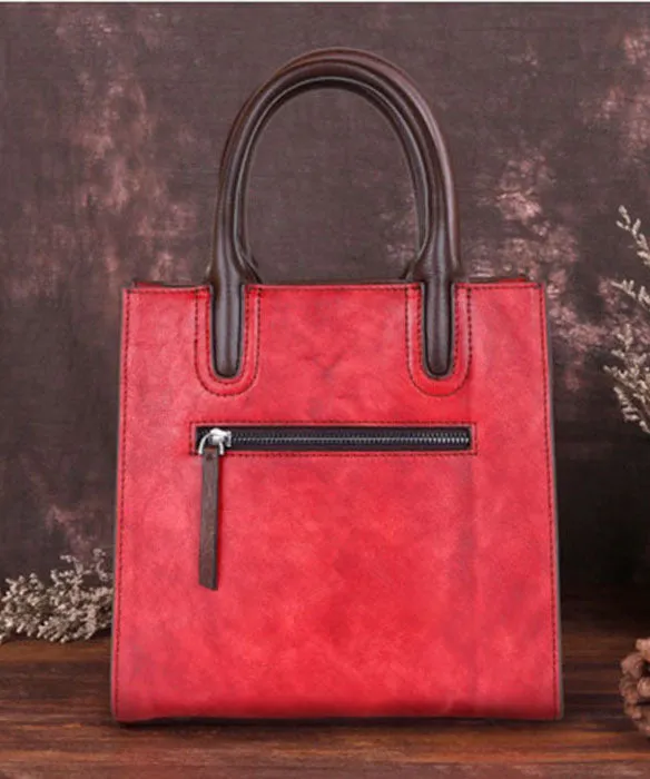 Stylish Red Floral Paitings Calf Leather Tote Handbag