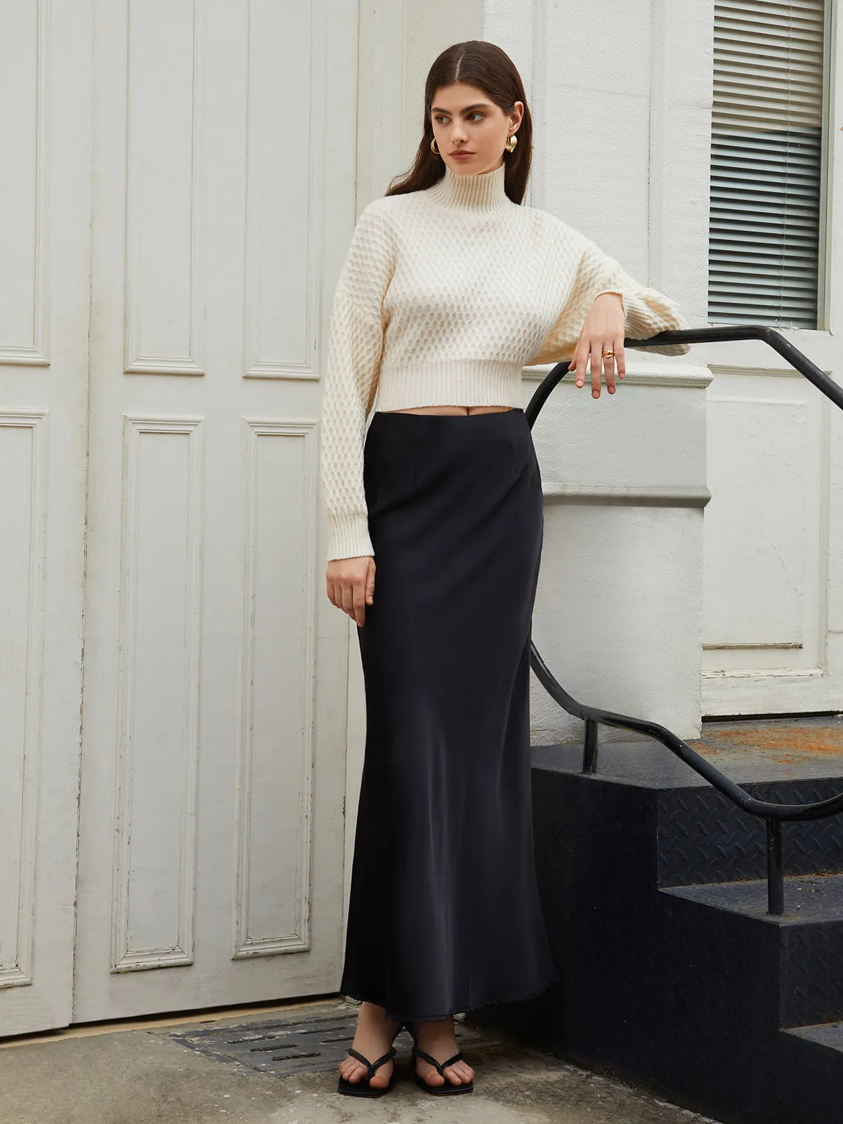 Tie Back Graceful Mock Neck Sweater