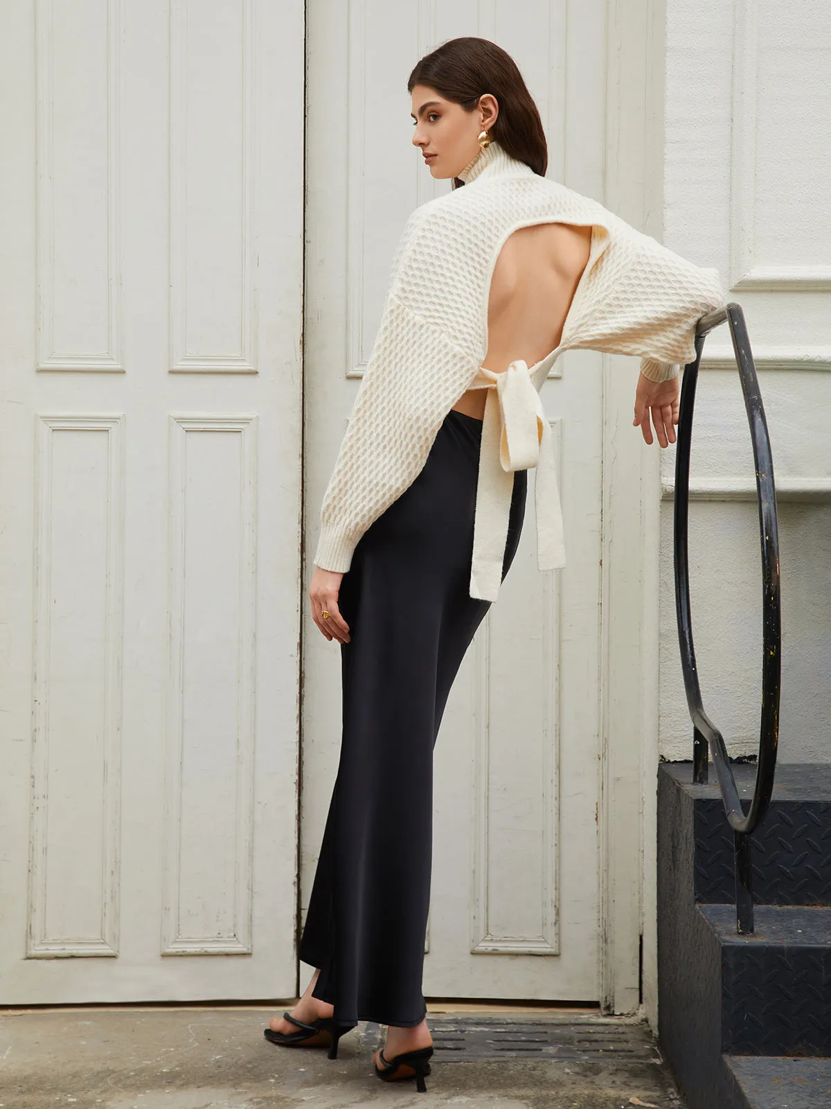 Tie Back Graceful Mock Neck Sweater