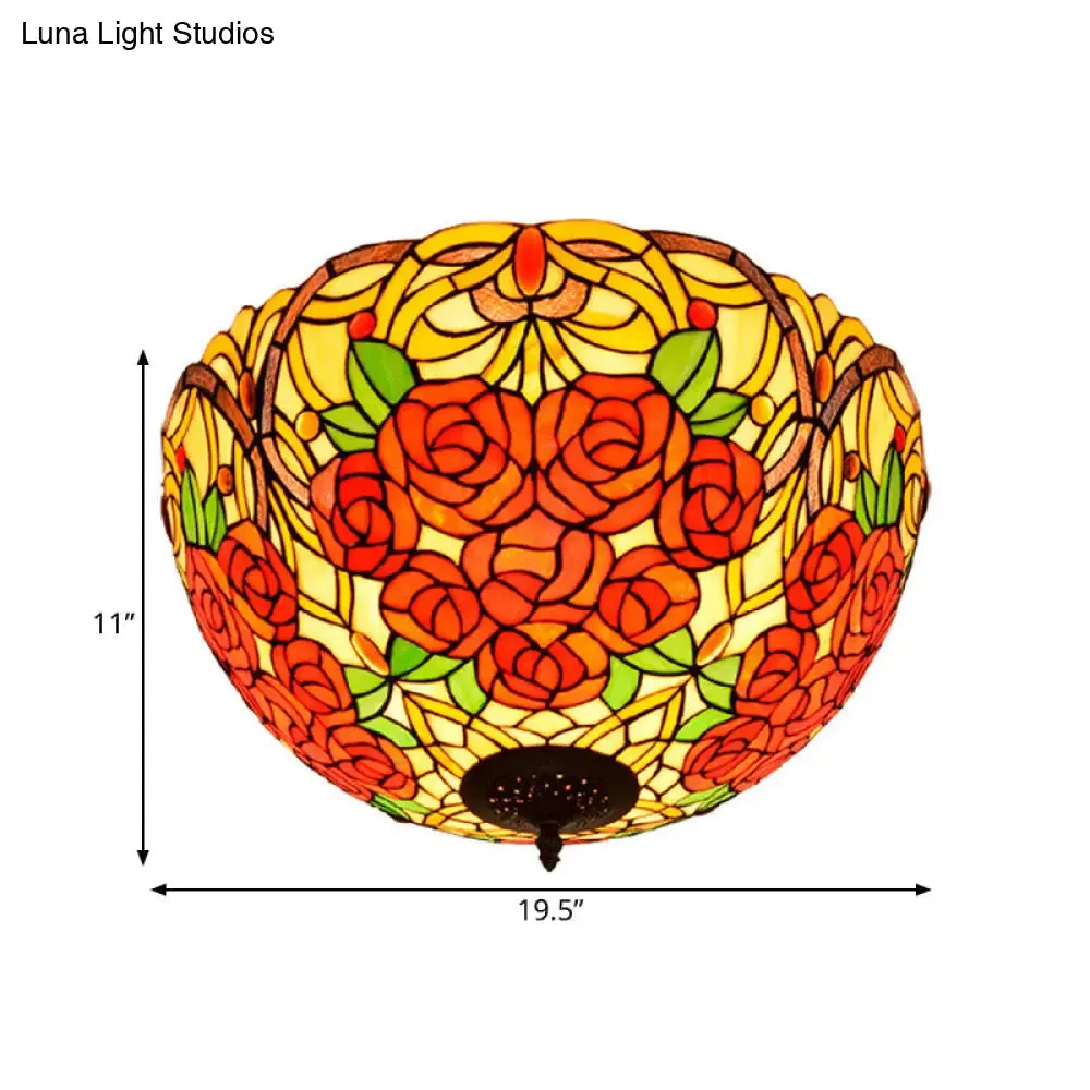 Tiffany Rose/Grape Flush Mount Lamp - Bronze Finish, Stained Glass, 5 Bulbs, Close to Ceiling Lighting Fixture
