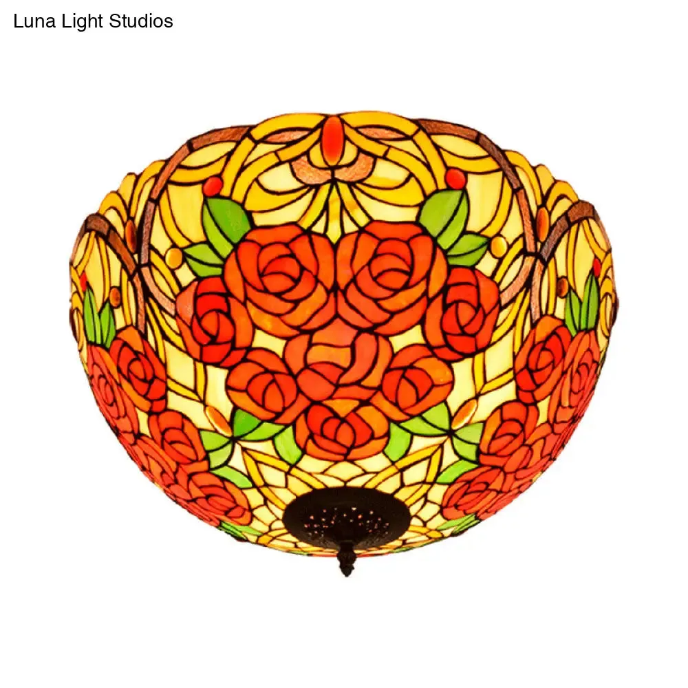 Tiffany Rose/Grape Flush Mount Lamp - Bronze Finish, Stained Glass, 5 Bulbs, Close to Ceiling Lighting Fixture