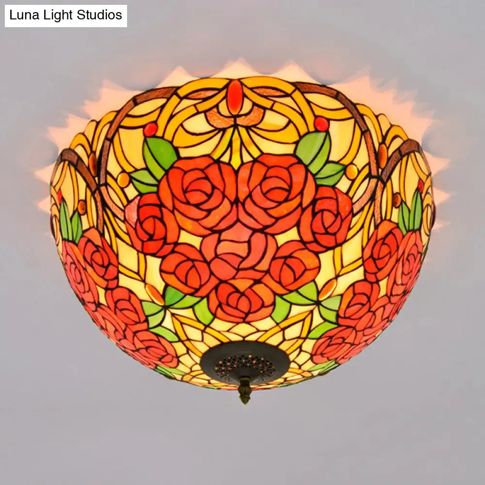 Tiffany Rose/Grape Flush Mount Lamp - Bronze Finish, Stained Glass, 5 Bulbs, Close to Ceiling Lighting Fixture