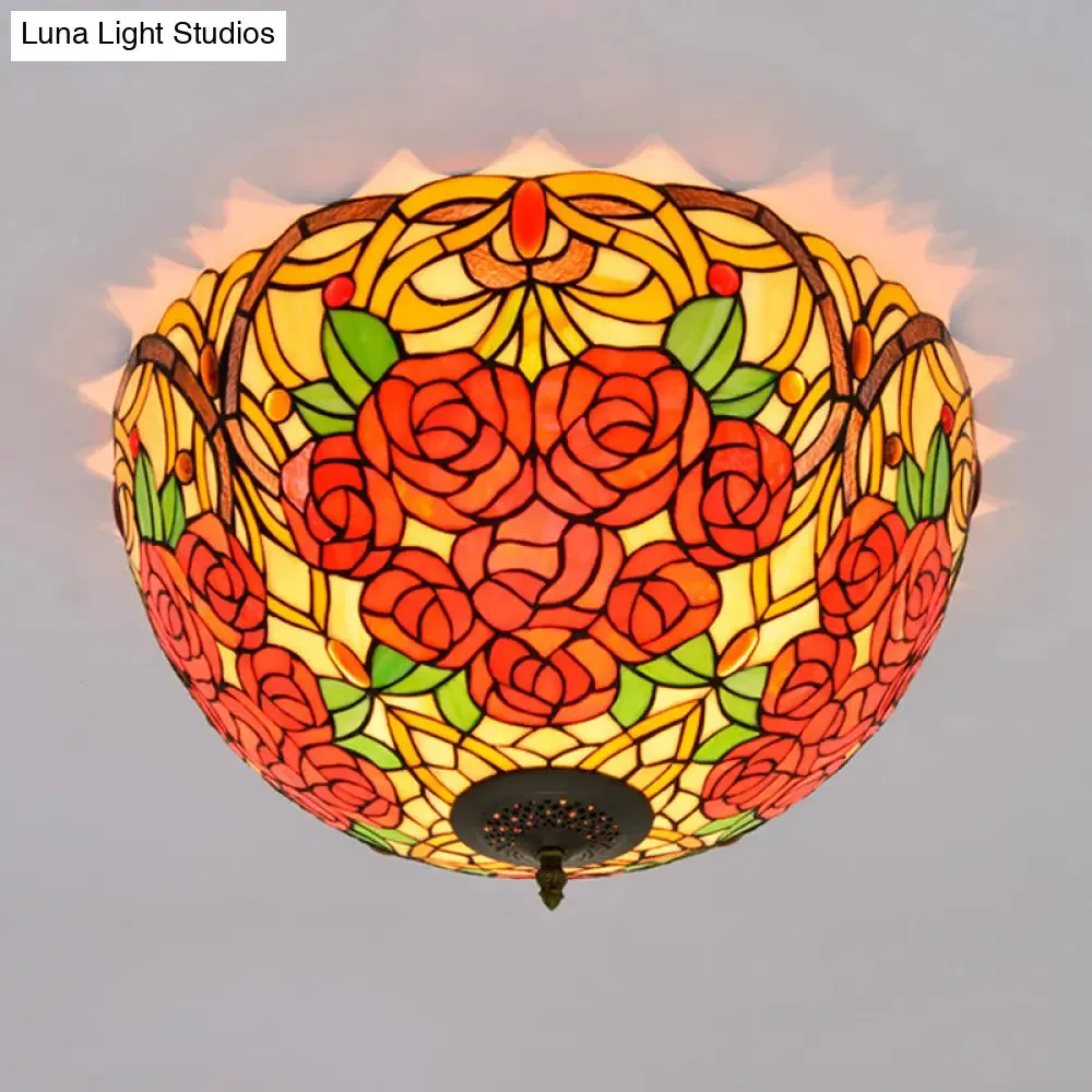 Tiffany Rose/Grape Flush Mount Lamp - Bronze Finish, Stained Glass, 5 Bulbs, Close to Ceiling Lighting Fixture