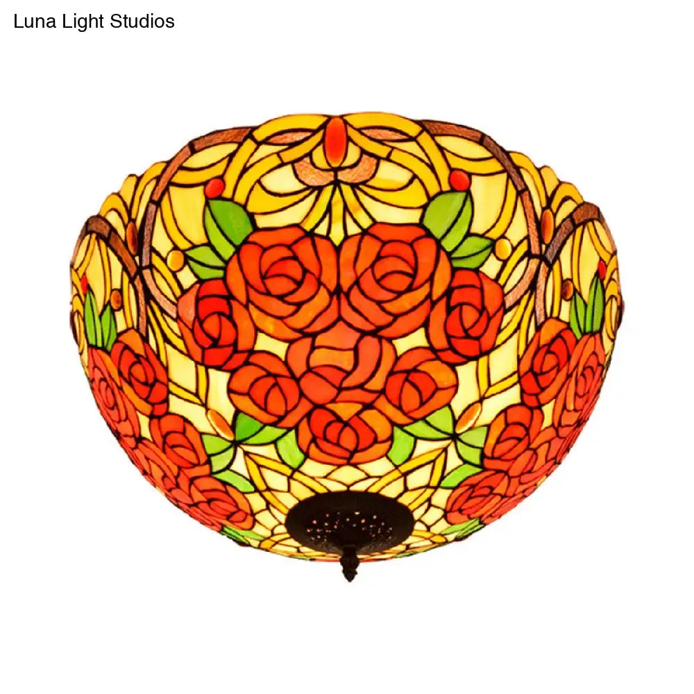 Tiffany Rose/Grape Flush Mount Lamp - Bronze Finish, Stained Glass, 5 Bulbs, Close to Ceiling Lighting Fixture