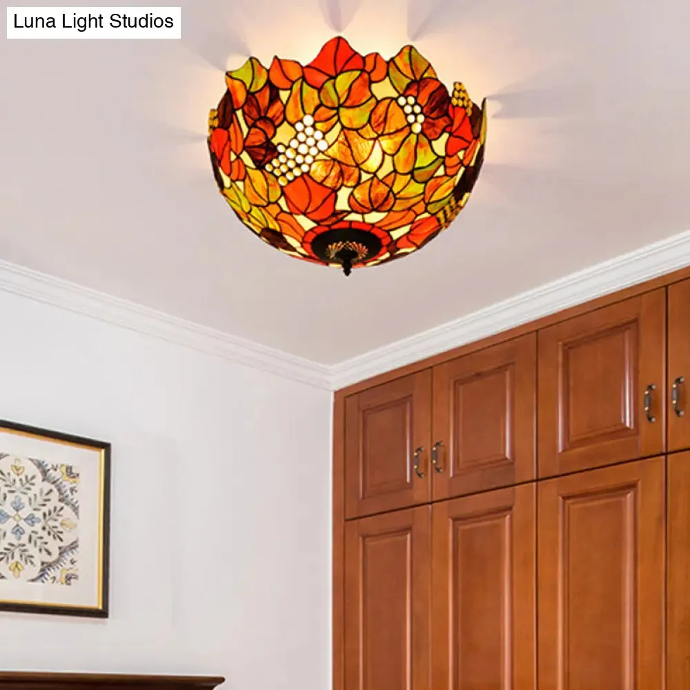 Tiffany Rose/Grape Flush Mount Lamp - Bronze Finish, Stained Glass, 5 Bulbs, Close to Ceiling Lighting Fixture