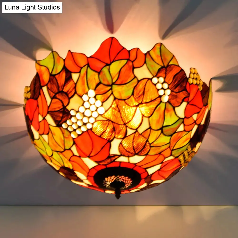 Tiffany Rose/Grape Flush Mount Lamp - Bronze Finish, Stained Glass, 5 Bulbs, Close to Ceiling Lighting Fixture