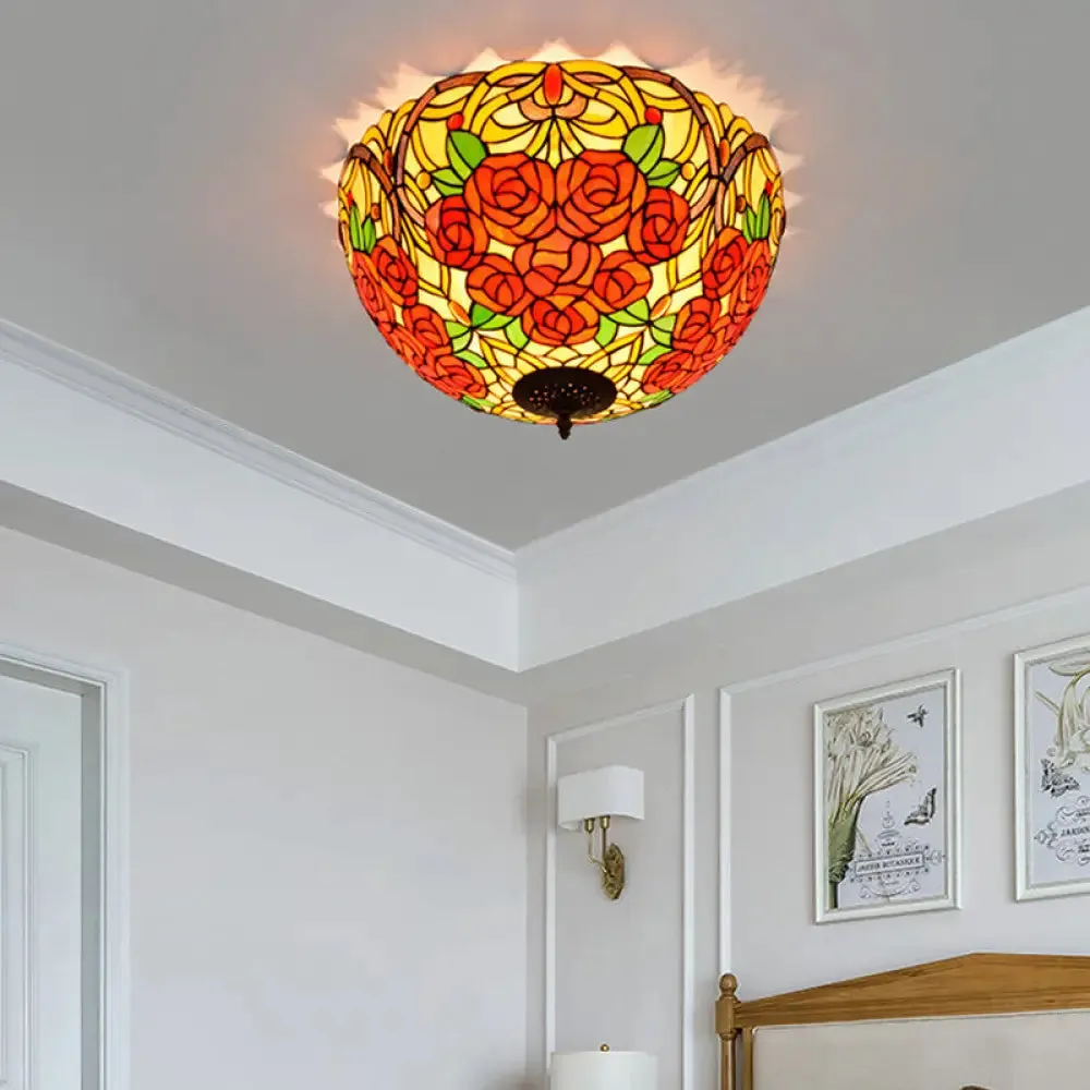 Tiffany Rose/Grape Flush Mount Lamp - Bronze Finish, Stained Glass, 5 Bulbs, Close to Ceiling Lighting Fixture