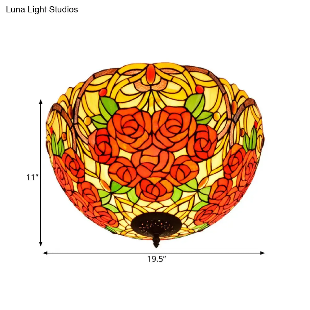 Tiffany Rose/Grape Flush Mount Lamp - Bronze Finish, Stained Glass, 5 Bulbs, Close to Ceiling Lighting Fixture